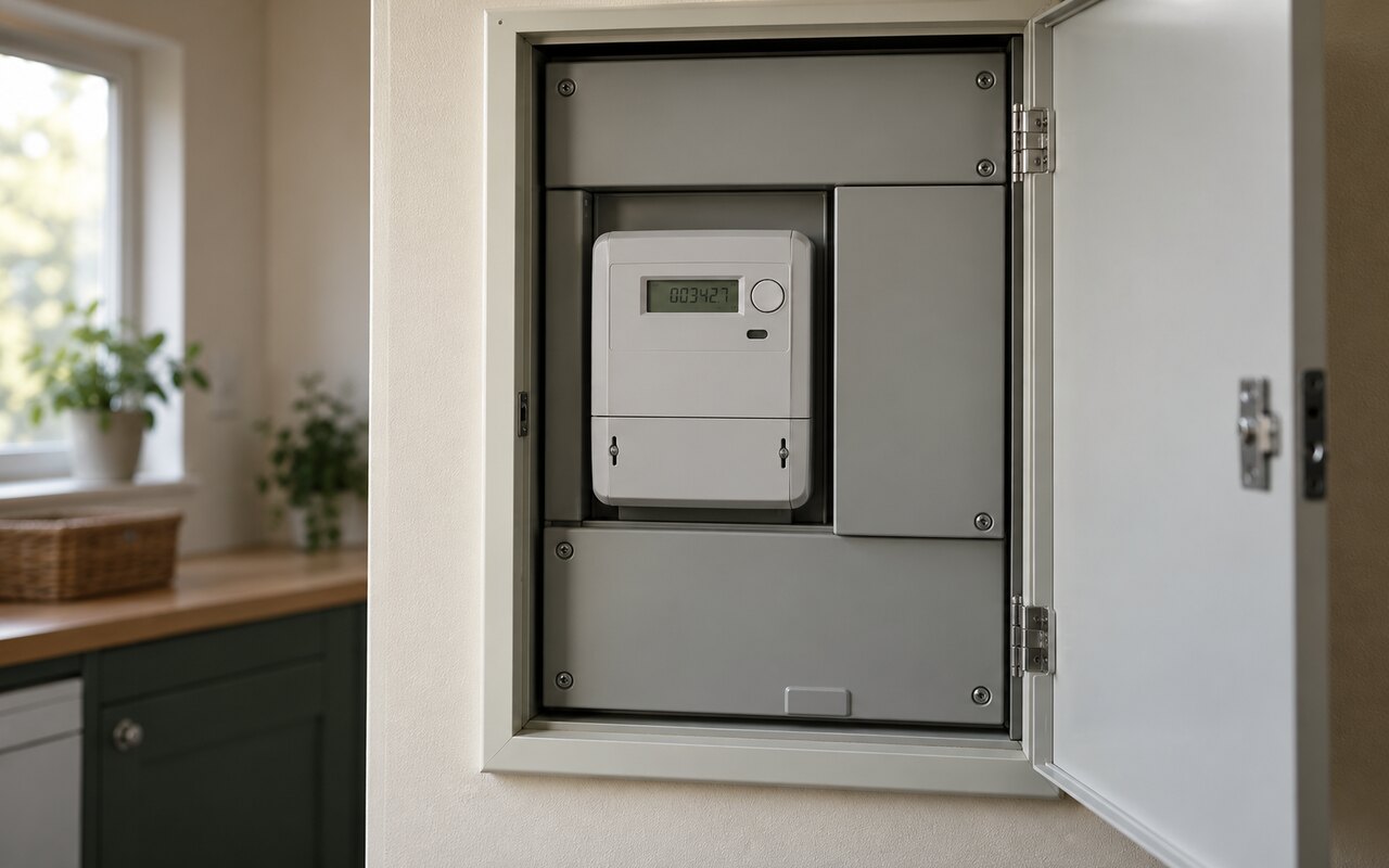Digitaler Stromzähler in einem geschützten Zählerschrank.