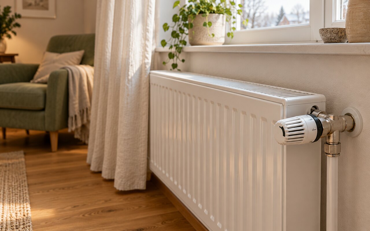 Heizkörper mit Thermostatventil.