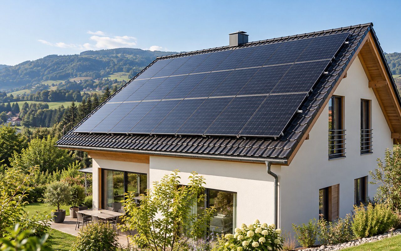 Wohnhaus mit Photovoltaikmodulen auf dem Dach.
